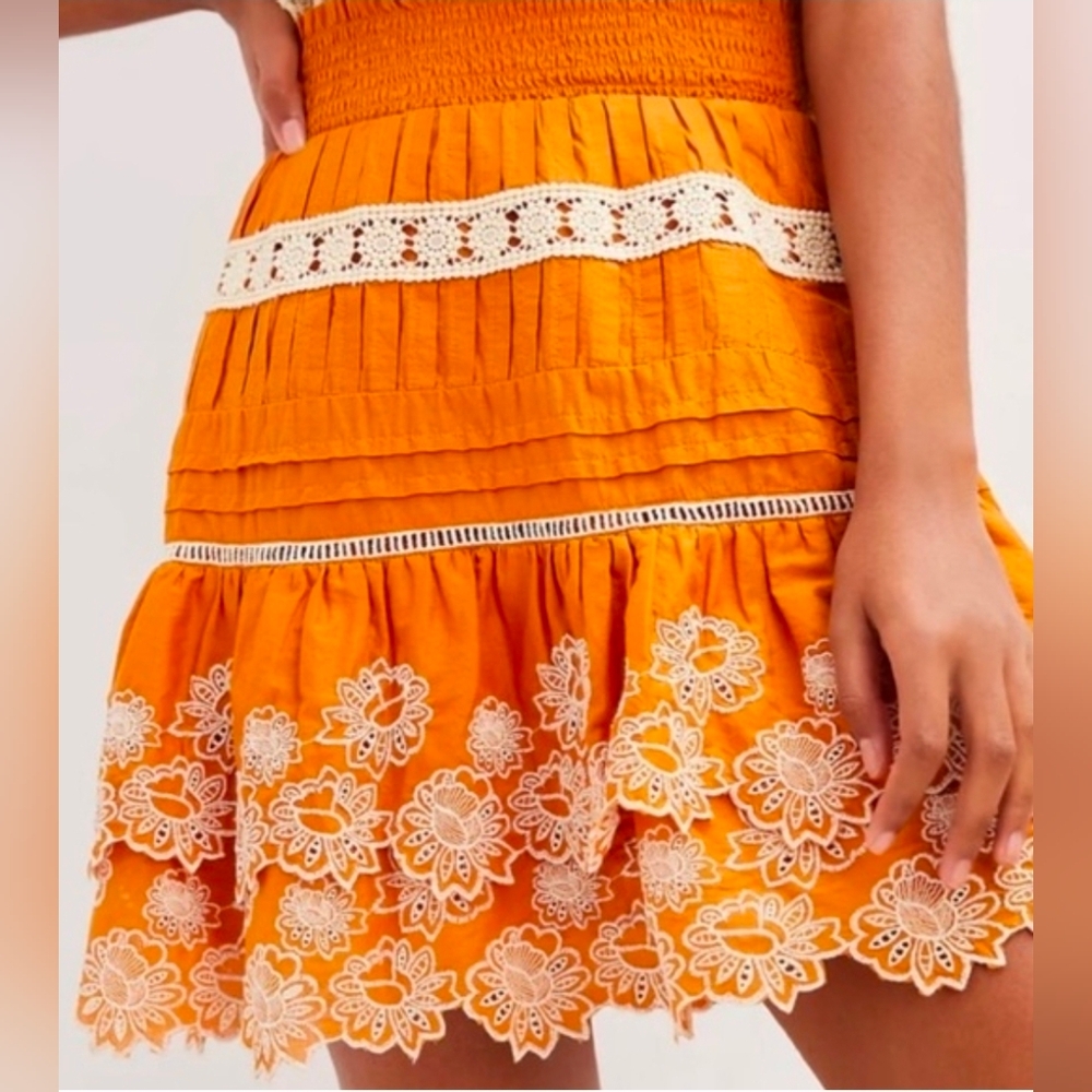 Anthropologie Embroidered A-line Gold/orange Mini Skirt With Elastic Waist XL